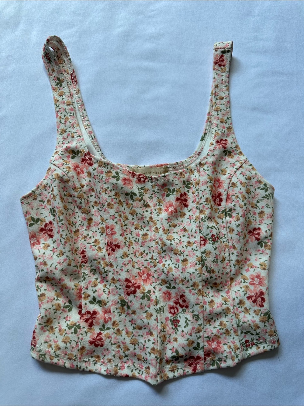 Altar'd State White Floral Scoop Tank with Pink Floral Pattern